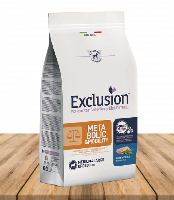 EXCLUSION VETERINARY DIET METABOLIC & MOBILITY PORK & FIBRES 12KG